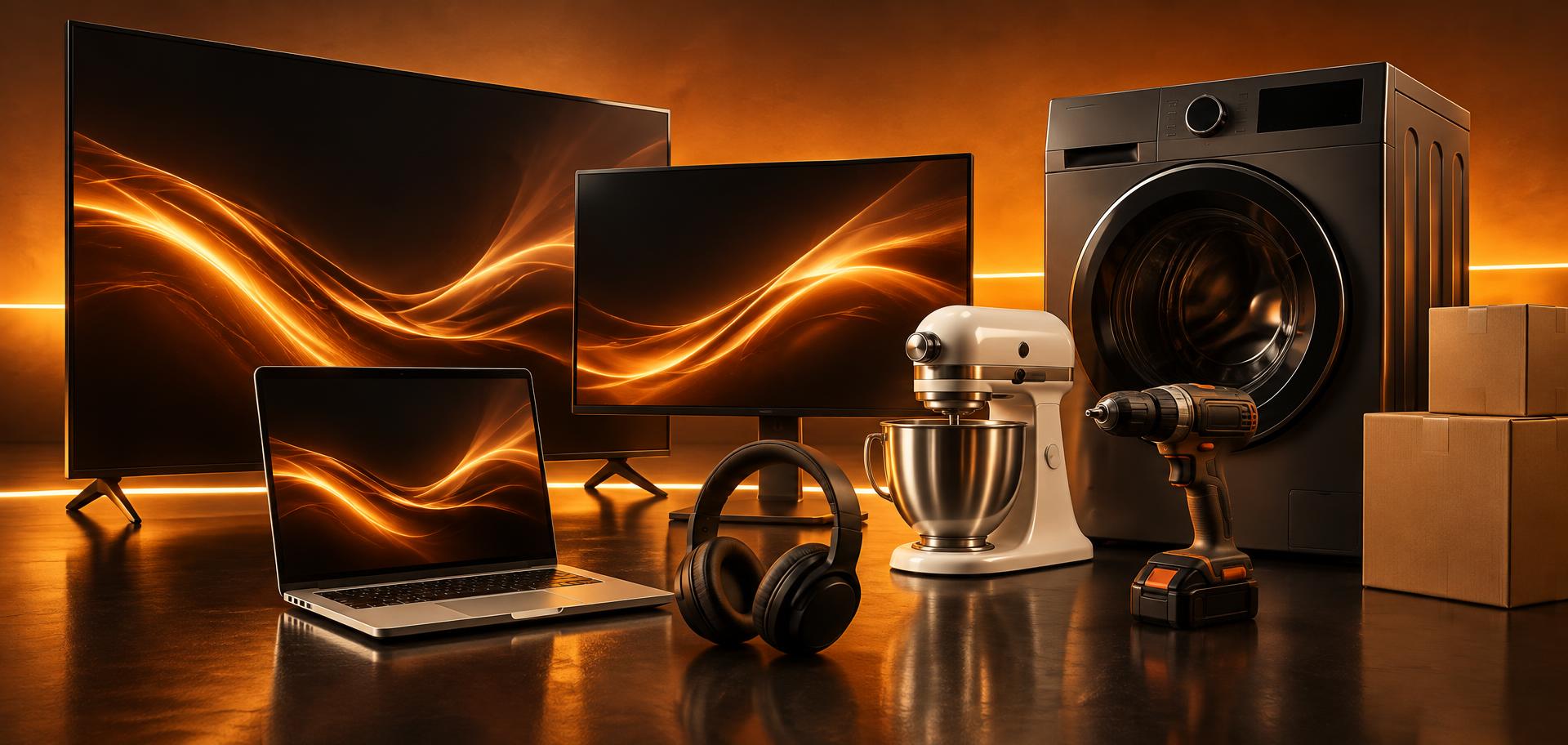 Television, computers, washing machine, headphones, mixer, and tools